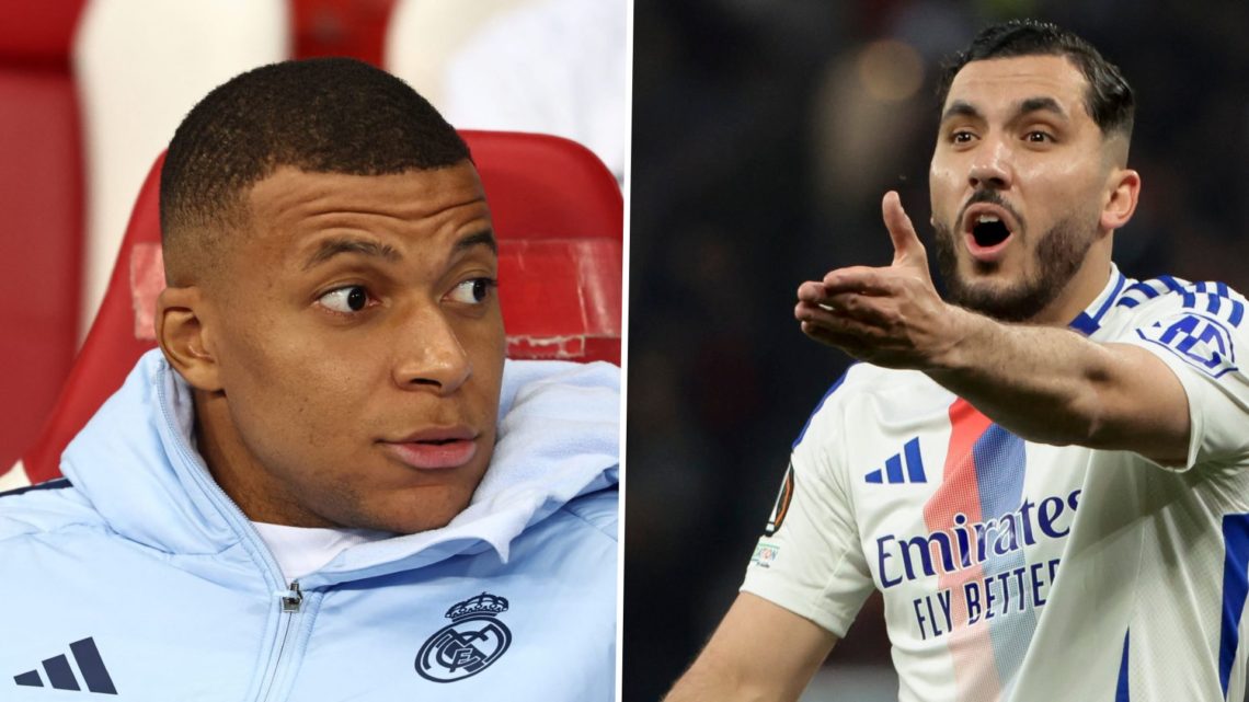 Split Image of Kylian Mbappe of Real Madrid and Rayan Cherki of Lyon