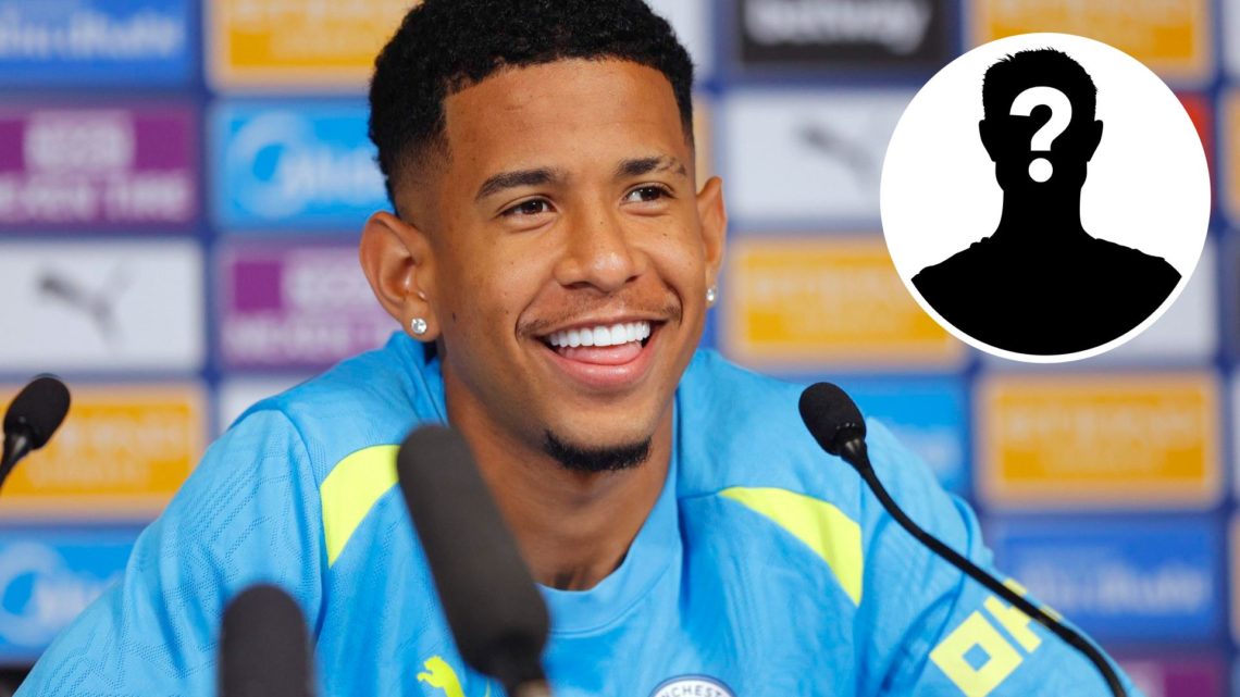 Manchester City's Savinho smiling during a press conference (main image) with inset of mystery player (top right corner)