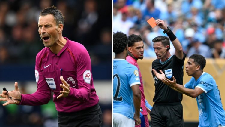 Split Image of Mark Clattenburg officiating a Premier League match (left) and Manchester City's Rico Lewis getting a red card against Wydad AC (right)