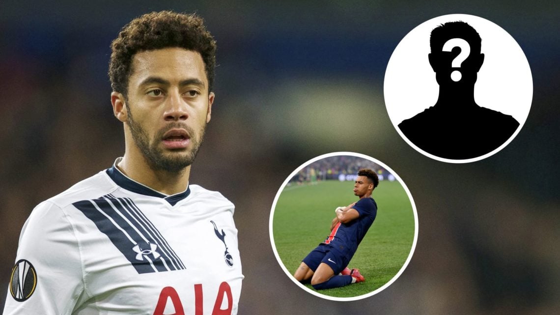 Mousa Dembele of Tottenham Hotspur looking on (right image) with insets of Paris Saint-Germain's Desire Doue celebrating against Inter Milan (middl...