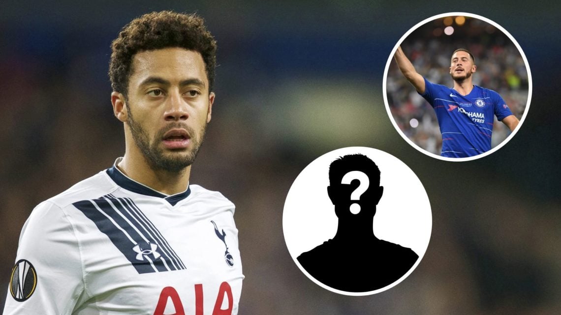 Tottenham Hotspur's Mouse Dembele looking ahead (main image) with insets of Eden Hazard celebrating (middle) and mystery player (bottom right corner)