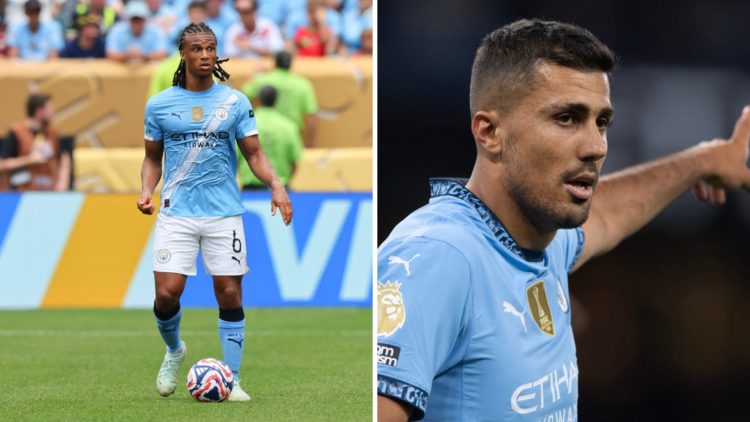 Split Image of Nathan Ake with the ball at his feet (right) and Manchester City midfielder Rodri pointing (left)