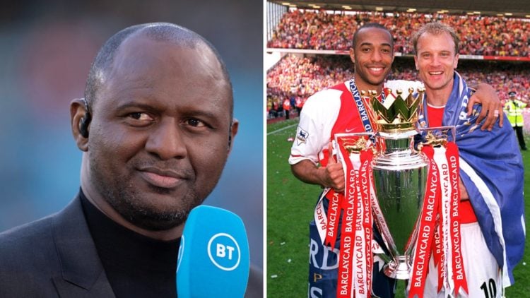 Split Image of Patrick Vieira with a BT Sport microphone in his hand (right image) and Thierry Henry and Dennis Bergkamp with Premier League trophy...