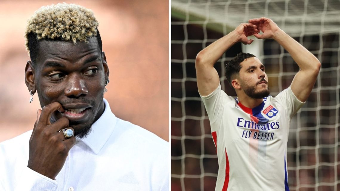 Split Image of Paul Pogba of Juventus FC reacting and Rayan Cherki of Olympique Lyonnais encouraging the crowd