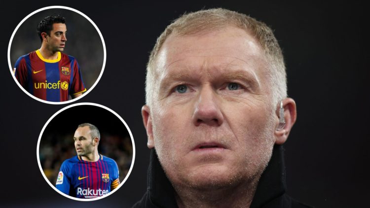 Image of Former Manchester United player Paul Scholes with insets of Xavi Hernandez of FC Barcelona and Andres Iniesta looking on