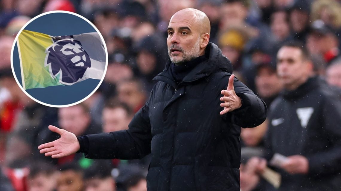 Manchester City manager Pep Guardiola looking shocked (main image) against Liverpool at Anfield with inset of Premier League logo (top left corner)