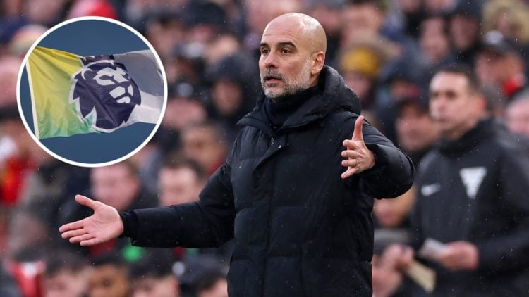 Manchester City manager Pep Guardiola looking shocked (main image) against Liverpool at Anfield with inset of Premier League logo (top left corner)