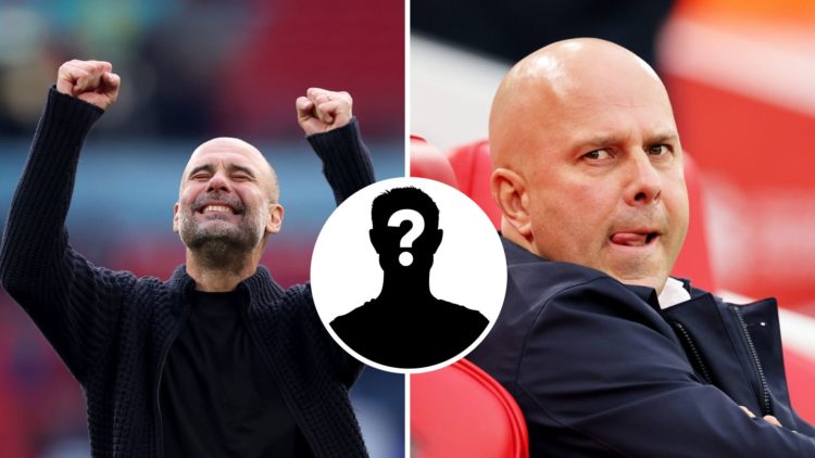 Split Image of Pep Guardiola, Manager of Manchester City celebrating and Arne Slot, Manager of Liverpool looking on with inset of mystery player