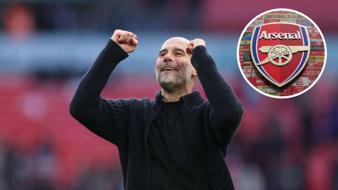 Image of Pep Guardiola celebrating after Emirates FA Cup match between Manchester City and Arsenal with inset of Arsenal badge