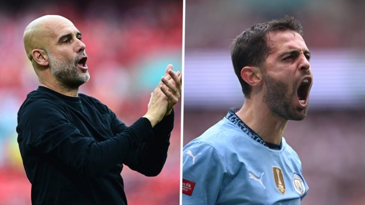 Split Image of Manchester City Manager Pep Guardiola applauding the fans and Bernardo Silva of Manchester City celebrating