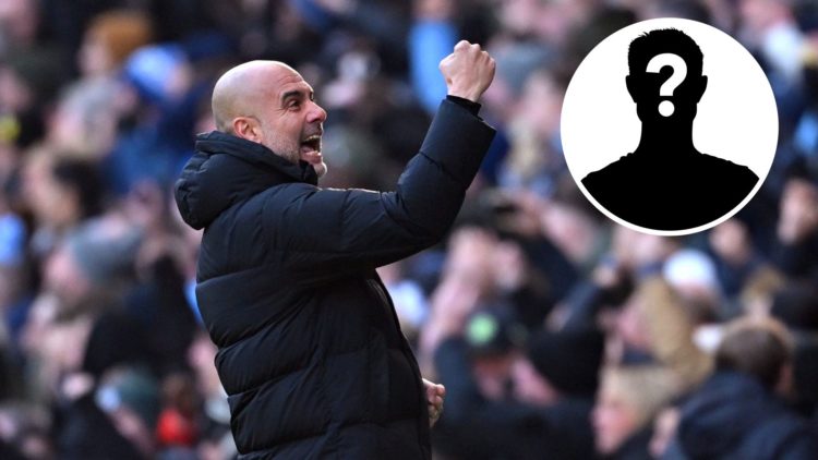 Image of Pep Guardiola, Manager of Manchester City, celebrating with inset of mystery player