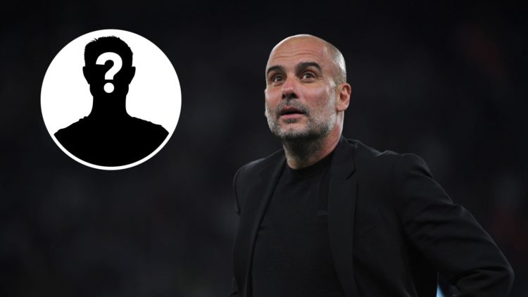 Image of Pep Guardiola during Champions League final between Manchester City and Inter Milan with inset of mystery player