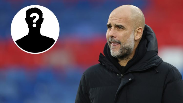Image of Manchester City manager Pep Guardiola  during the Premier League match with inset of mystery player