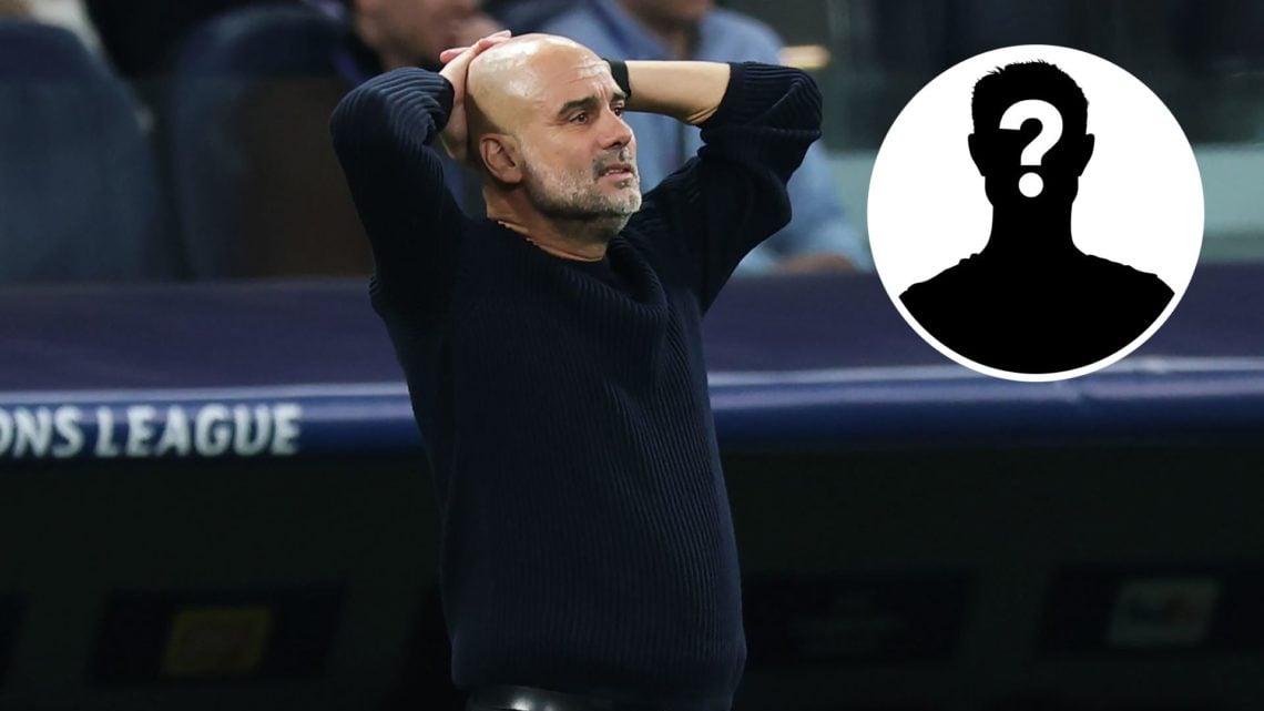 Manchester City's Pep Guardiola with his head in his hands during Manchester City's Champions League game against Real Madrid (main image) with mys...