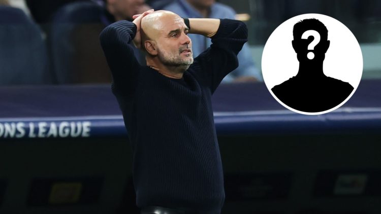 Manchester City's Pep Guardiola with his head in his hands during Manchester City's Champions League game against Real Madrid (main image) with mys...