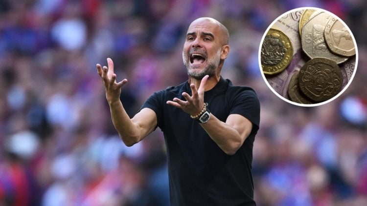 Pep Guardiola of Manchester City shouting (main image) with inset of English pound coins and banknotes (top right corner)