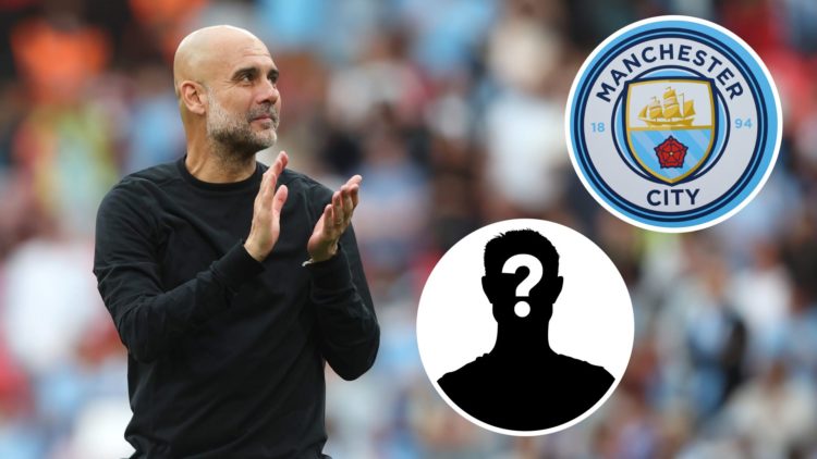 Pep Guardiola looking on after the FA Cup match against Nottingham Forest (main image) with insets of Manchester City badge (top right corner) and ...