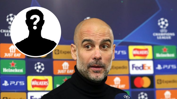 Manchester City manager Pep Guardiola is interviewed post match during the UEFA Champions League with inset of mystery player
