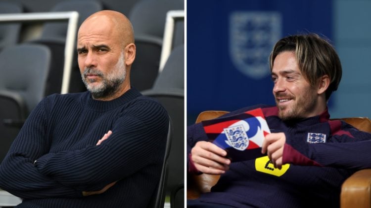 Split Image of Manchester City manager Pep Guardiola on the bench (left) and Jack Grealish of England speaking to the media (right)