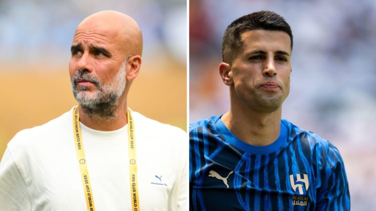 Split Image of Pep Guardiola before Manchester City's match against Wydad AC (right) and Joao Cancelo looking on during Al-Hilal's match against Re...