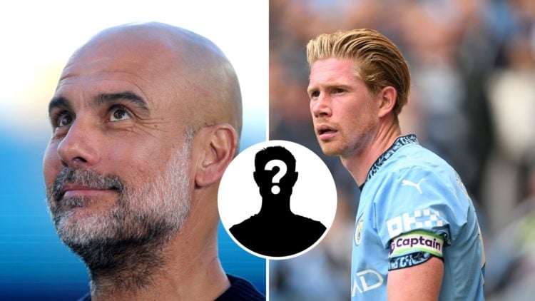 Split Image of Pep Guardiola looks on prior to Premier League match against Wolves and Kevin De Bruyne of Man City with inset of mystery player