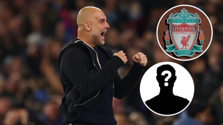 Pep Guardiola celebrating Manchester City's win against Aston Villa (main image) with Liverpool badge (top right corner) and mystery player (bottom...