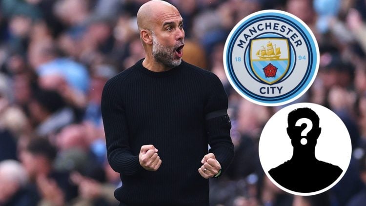 Image of Pep Guardiola celebrating during the Premier League match against Arsenal FC with insets of mystery player and Manchester City badge