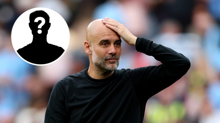 Pep Guardiola, manager of Manchester City with inset of mystery player