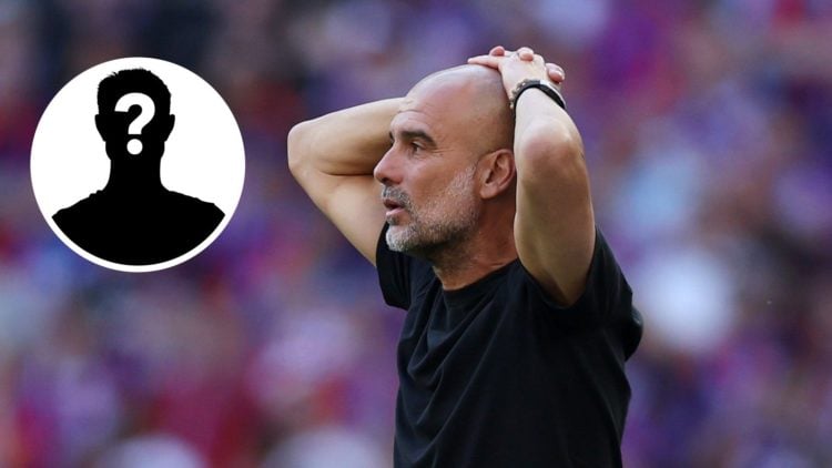 Image of Manchester City's manager Pep Guardiola with his head in his hands against Crystal Palace with mystery player inset