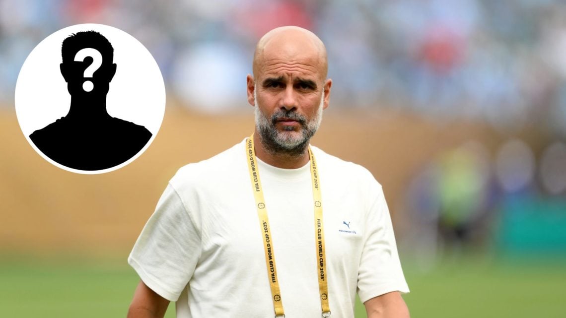 Image of Pep Guardiola looking straight ahead before Manchester City played Wydad AC (main image) with inset of mystery player (top left corner)