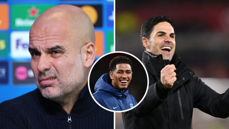 Split Image of Manchester City's Pep Guardiola reacting during a press conference (right) and Arsenal manager Mikel Arteta celebrating (left) with ...