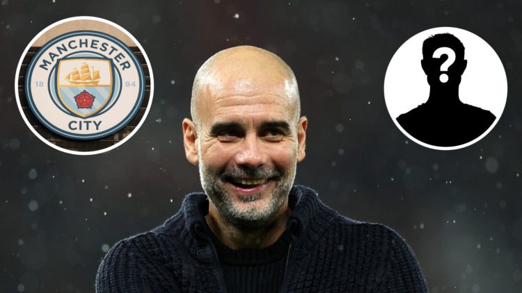 Pep Guardiola following the Premier League match between Manchester United and Manchester City with insets of mystery player and Manchester City badge