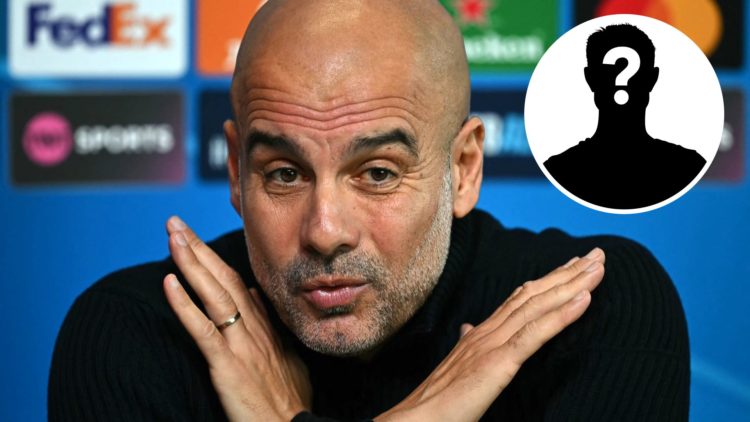 Image of Manchester City's Spanish manager Pep Guardiola attends a press conference with inset of mystery player