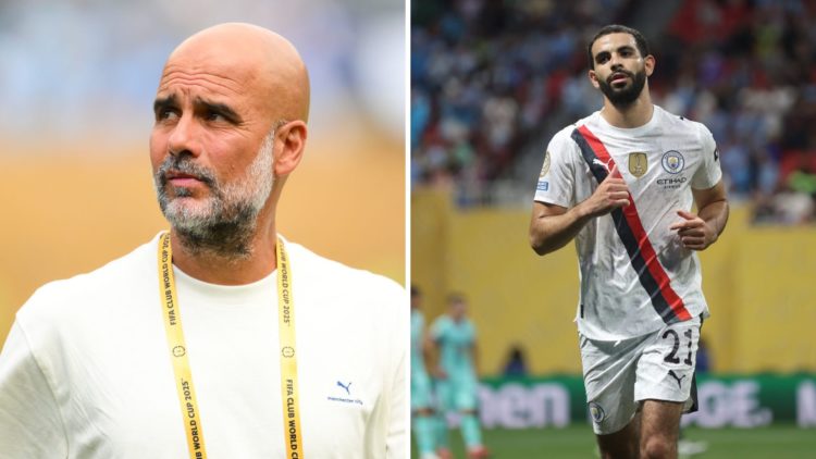 Split Image of Pep Guardiola looking on (right image) and Rayan Ait-Nouri running during Manchester City's match against Al-Ain (left image)