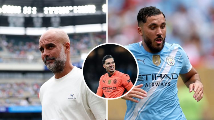 Split Image of Pep Guardiola before Manchester City's match against Wydad AC (right) and Rayan Cherki running (left) with inset of Ederson Moraes