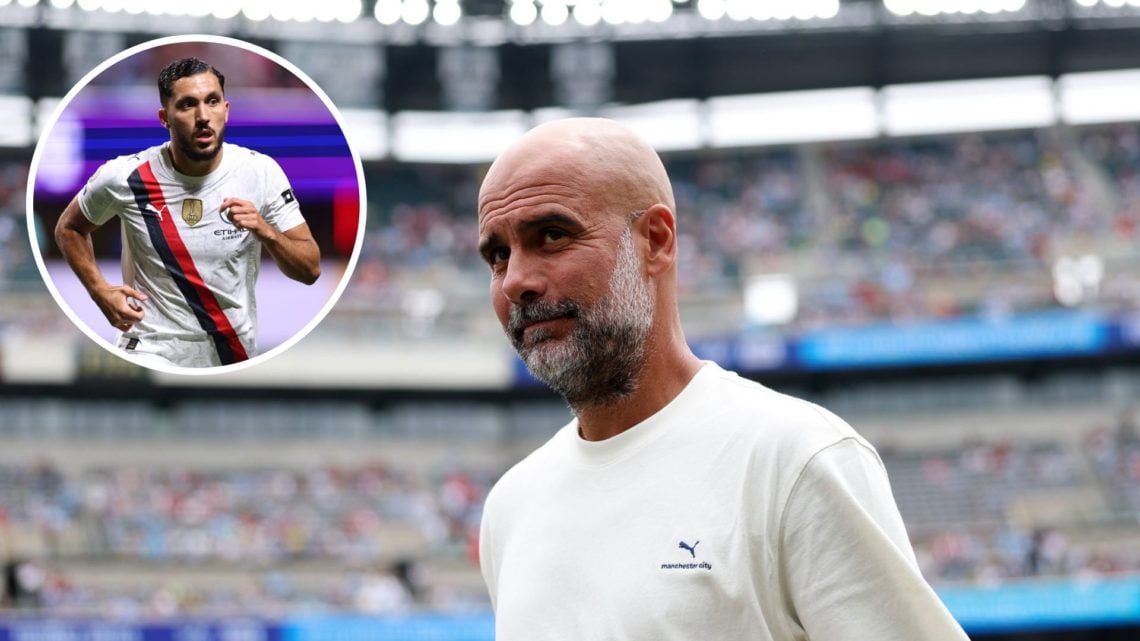Pep Guardiola of Manchester City looking on during the FIFA Club World Cup match against Wydad AC (main image) with inset of Rayan Cherki running (...