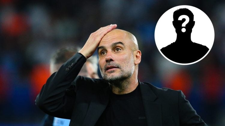 Image of Manchester City manager Pep Guardiola reacting with inset of mystery player