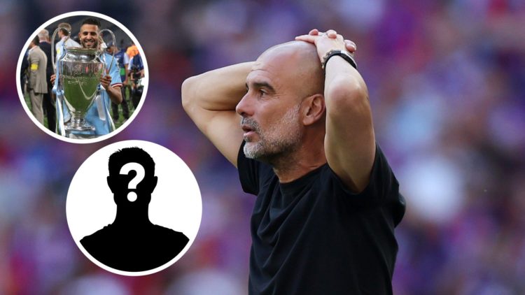 Pep Guardiola with his head in his hands (main image) and Riyad Mahrez holding the Champions League trophy (top left corner) and mystery player (bo...