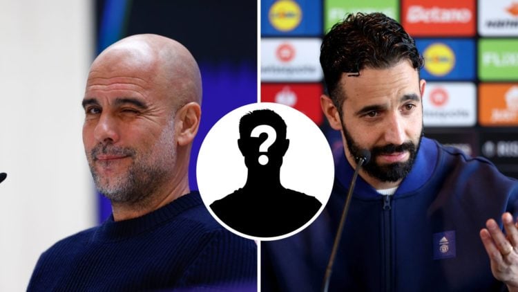 Split Image of Manchester City manager Pep Guardiola and Ruben Amorim, Manager of Manchester United, speaking to the media with inset of mystery pl...