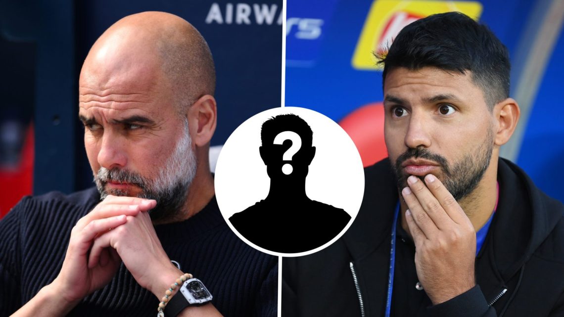 Split Image of Pep Guardiola, Manager of Manchester City looking on and Former Manchester City player Sergio Aguero with inset of mystery player