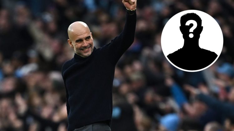 Manchester City manager Pep Guardiola smiles and looks towards the crowd (main image) with inset of mystery player (top right corner)