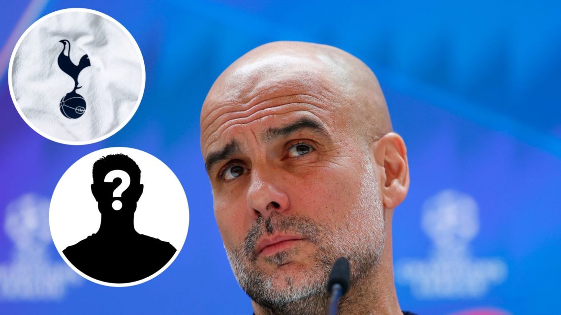 Image of Pep Guardiola, head coach of Manchester City, attending his press conference with insets of Tottenham Hotspur badge and mystery player