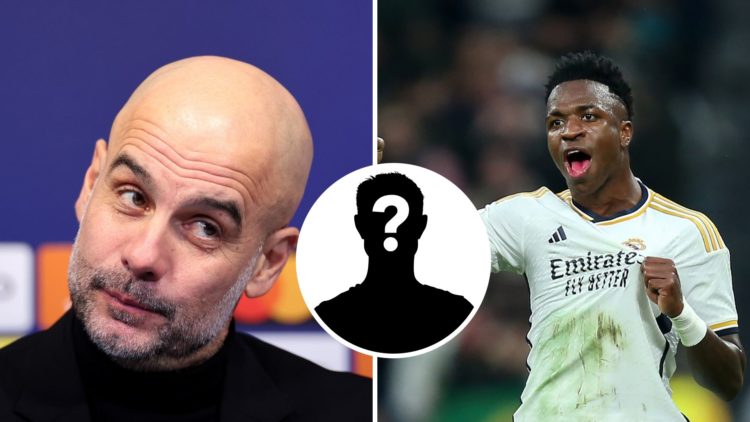 Manchester City manager Pep Guardiola being interviewed (right image) and Vinicius Jr of Real Madrid celebrating (left image) with inset of mystery...