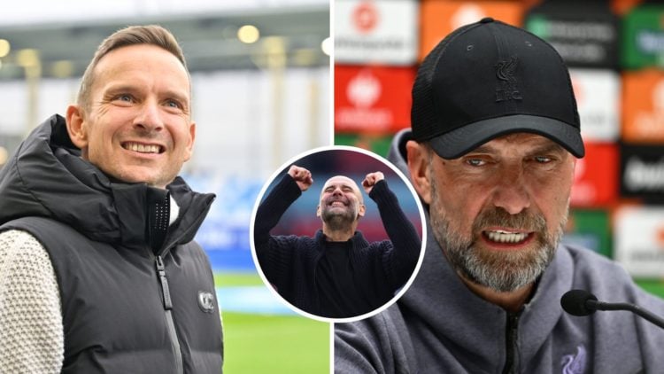 Split Image of Pepjin Lijnders as Head Coach of Red Bull Salzburg and Jurgen Klopp talking to the media as Liverpool manager with Pep Guardiola cel...