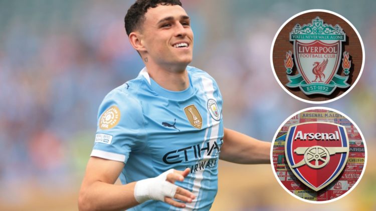 Manchester City's Phil Foden smiling (main image) with Liverpool badge (top right corner) and Arsenal badge (bottom right corner) insets