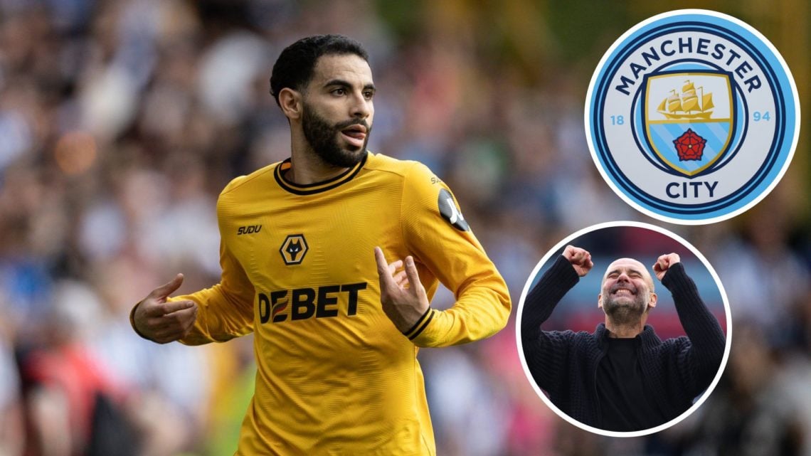 Image of Wolverhampton Wanderers' Rayan Ait-Nouri gesturing during a Premier League match with inset of Manchester City badge and Pep Guardiola