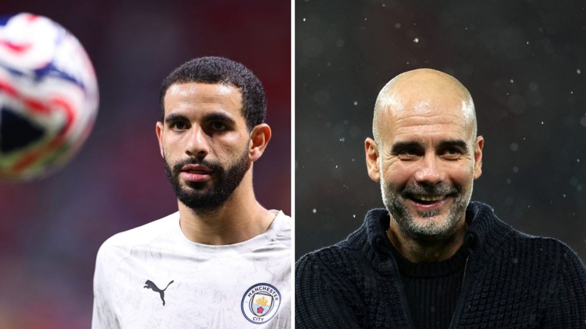 Split Image of Rayan Ait-Nouri looking at the ball (right image) and Manchester City manager Pep Guardiola smiling (left image)
