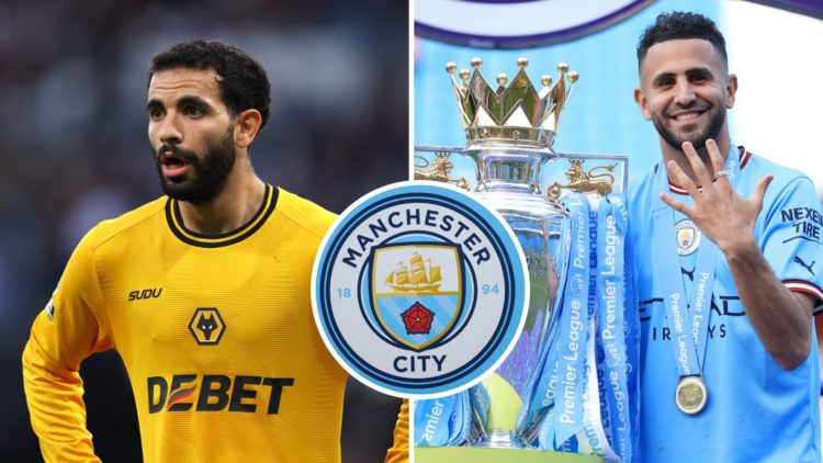 Split Image of Rayan Ait-Nouri looking on and Riyad Mahrez of Manchester City with the Premier League trophy with inset of Manchester City badge