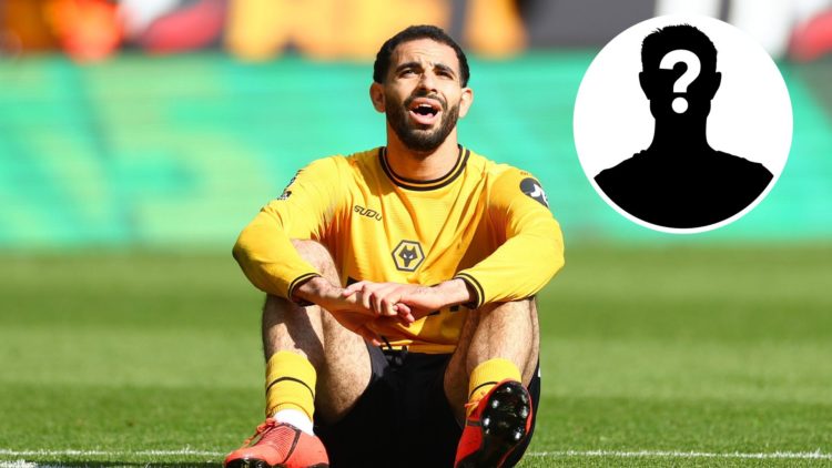 Image of Rayan Ait-Nouri of Wolverhampton Wanderers reacts during the Premier League match against Brighton with inset of mystery player