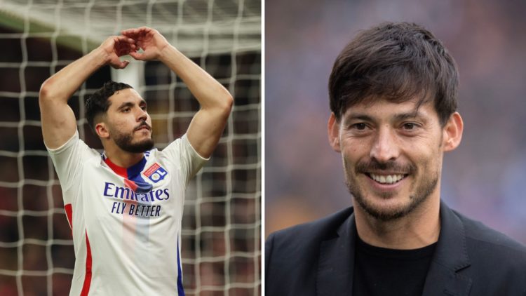 Split Image of Rayan Cherki of Olympique Lyonnais encourages the crowd and Ex Manchester City footballer David Silva prior to the Premier League match